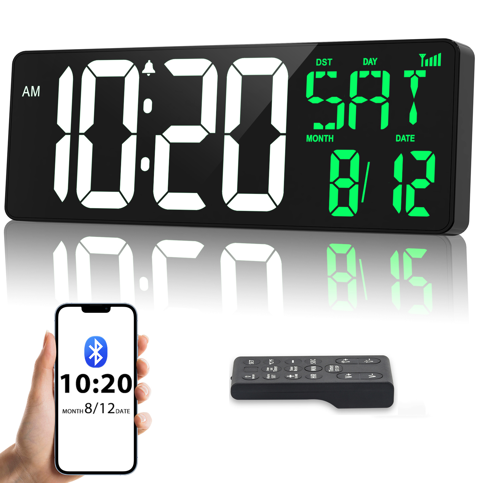 17 Inch Digital Wall Clock Large Display Bluetooth Sync Time, Auto-Dimming Large Digital Wall Clock with Remote, Date/Week/Temperature/DST, Plug-in Large Digital Clock for All Large Spaces Use, Gift