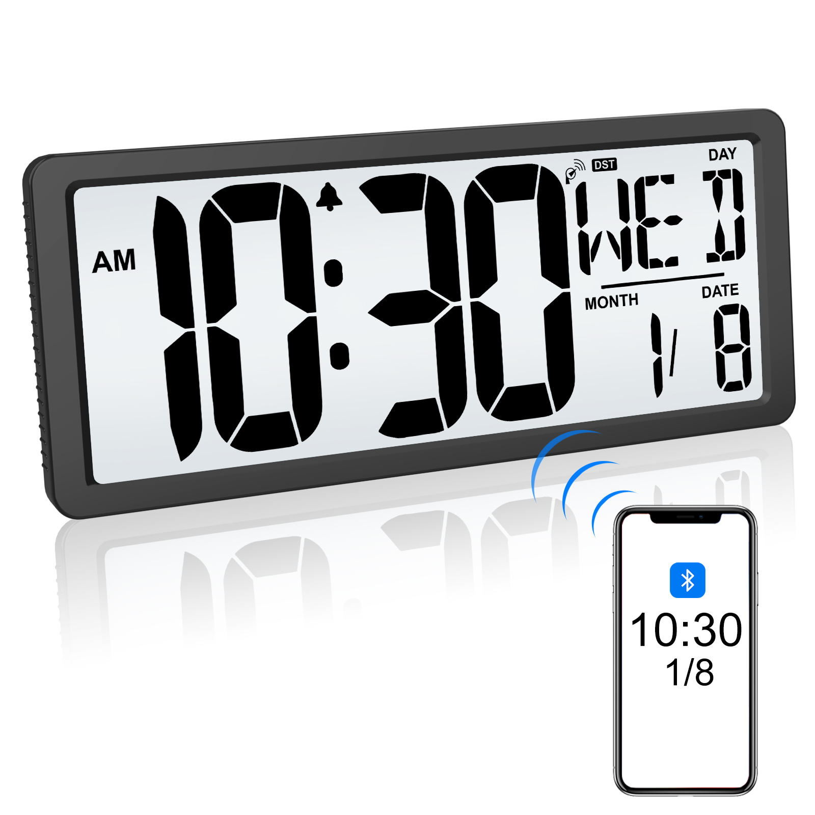 Xflyee Bluetooth Time Sync Digital Wall Clock Battery Operated with Backlight, Auto DST Large Digital Wall Clock with Day, Date & Temperature, 15'' Large Digital Clock for Home, Bedroom, Office