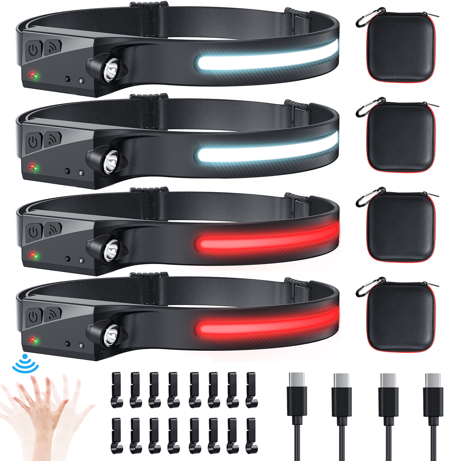 Rechargeable Headlamp 4PCS, 230° Wide Beam Head Lamp with Red Light Option, 6Mode Headlamps for Adults, Motion Sensor LED Headlamp with storage case, Headlamp Flashlight for Camping Essentials Gear